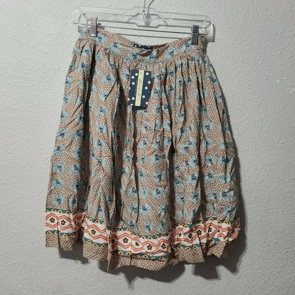 Comme Toi Elephant Printed Knee Length Skirt Size S Tan Blue - Picture 2 of 6